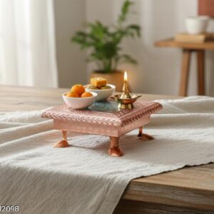 Handcrafted Wooden Meenakari Bajot Inch | Mini Decorative Pooja Chowki with Golden Finish for Home Temple, Mandir & Festival Use | Traditional Indian Handicraft Gift Item (Wooden (5'' x 5'')(Pack of 1))