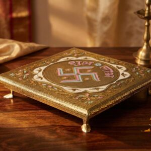 Chowki For God | Handcrafted swastik Design Square Shaped Chowki For Pooja, God, Idols And Home Decor | Wooden Bajot 10 x 10 inch| Decorative Paatla Stand for Diya, Kalash & Pooja Items