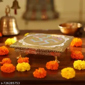 Golden Meenakari Floral Pooja Patla/Chowki Pata Wooden 8" X 8" INCHES Square | Handcrafted Pooja Chowki/Bajot | Decorative Floral Design | Pooja Items