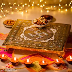 Chowki For God | Handcrafted swastik Design Square Shaped Chowki For Pooja, God, Idols And Home Decor | Wooden Bajot 10 x 10 inch| Decorative Paatla Stand for Diya, Kalash & Pooja Item