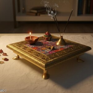 Webelkart Premium Multi Designer Handmade Wooden Rajwadi Chowki/Patla for Home Decor | Wooden patla for puja, Pooja chowki for Diwali Decoration (8"x8" Inches Multi)